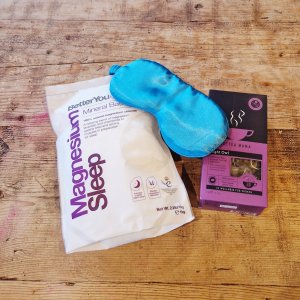 Sleep support magnesium flakes, Hot tea mama night owl tea, Satin sleep mask
